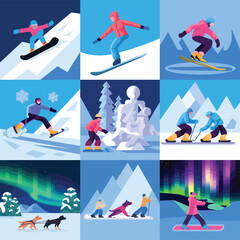 2d vector illustration icon, set of vibrant representing unique winter activities and sports
