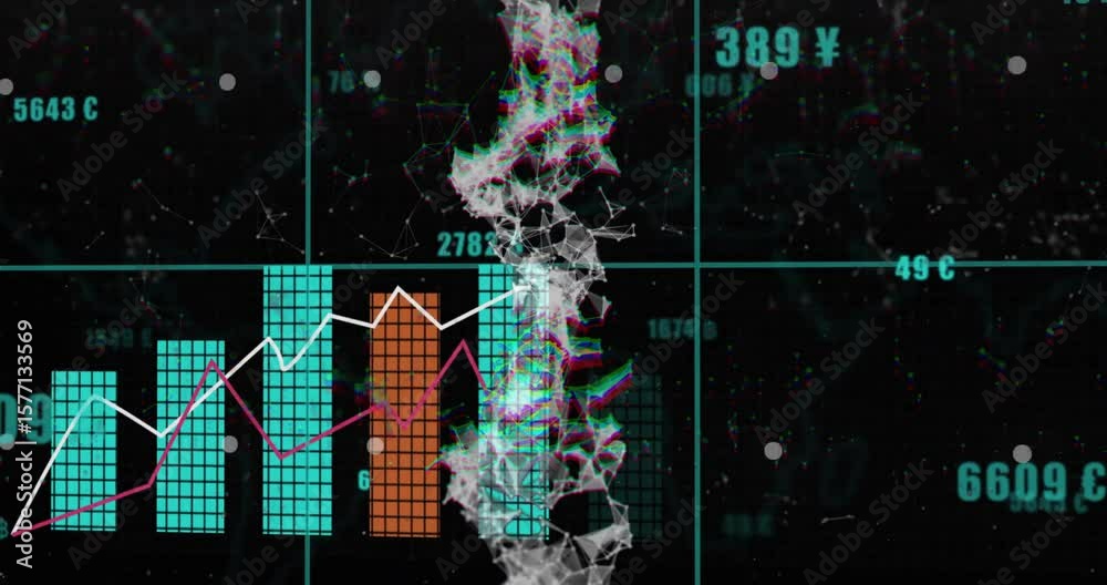 Poster floating numbers appearing on grid initiating fractal emerging, bars animating showing data trends