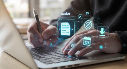 Person Completing Invoice on Laptop with Futuristic Digital Overlay