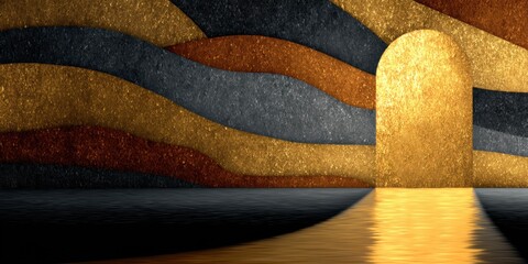 Golden Gateway: A captivating artistic view of a gleaming archway framed by textured, layered walls in luxurious gold and muted tones.