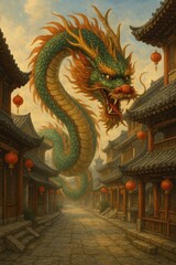 Obraz premium Chinese dragoon in town AI generated