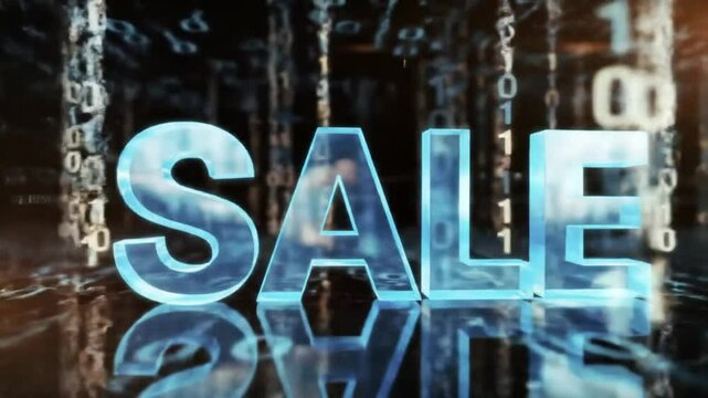 Animated digital animated sign "SALE" in blue transparent letters on a tech background with binary code, promotion, discount and social media marketing. Great offer!