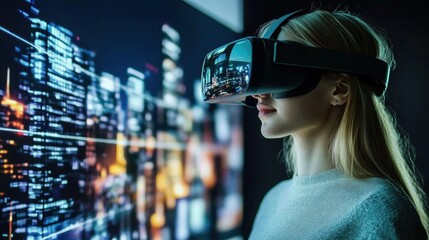 Person wearing AR glasses with digital overlays blending virtual and real worlds, A conceptual image of augmented