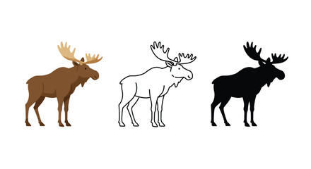 Moose vector illustration set in color outline and silhouette styles