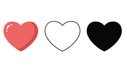 Three Hearts in Red White Outline and Black on White Background