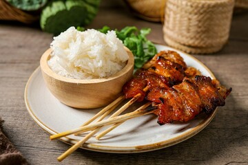 Thai-Styled BBQ Pork with Sticky Rice ,Thai call Moo ping,Sticky rice with grilled pork,