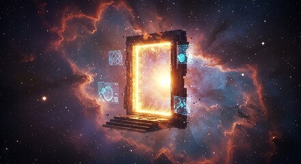 A mystical portal glows in a vast cosmic nebula, presenting an entry to another dimension with stellar background.