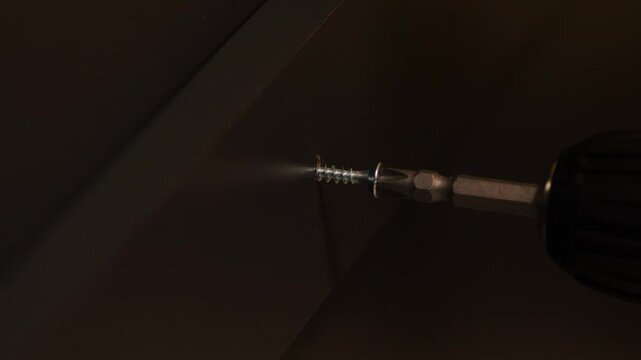 metal screw is screwed into a wooden surface with a screwdriver close-up, work with a hand screwdriver, tightening a screw slow motion macro