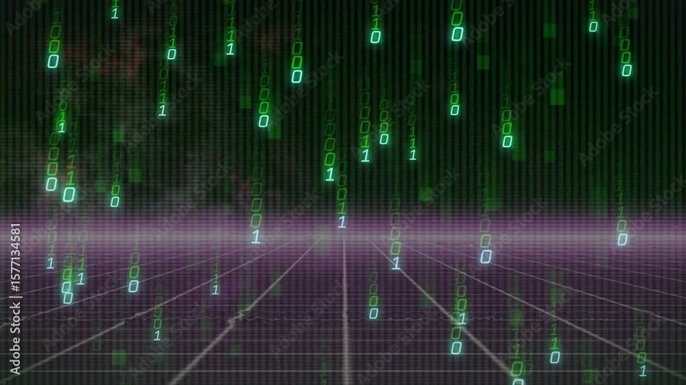 Poster green '1' flickering starting binary digits streaming down grid and scattering forming code rain
