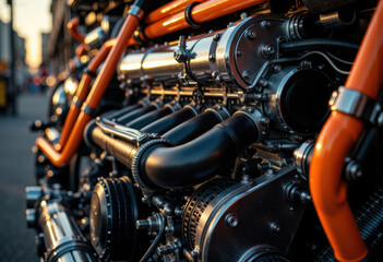 Fototapeta premium Close-up of a huge detailed motorcycle engine with black and orange components