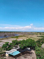 Aerial view of rural farmland with blue sky, river, and green trees. Perfect for agriculture, countryside landscape, and nature scenery backgrounds. © Ahmad