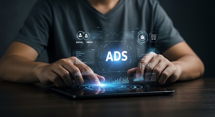 Man using digital tablet to analyze social media advertising campaign performance and data metrics, ADS concept
