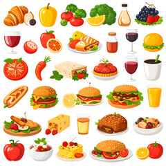 Fast food icon set: delicious vector illustrations of pizza, hamburgers, and snacks for menu and restaurant designs