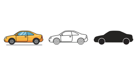 Cartoon Car Icons in Color Outline and Silhouette Styles