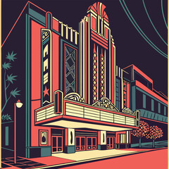 Illustration of a vintage movie theater building with marquee and surrounding street scene at night