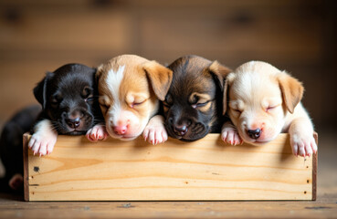 Obraz premium Four adorable puppies sleeping together in a wooden box on a warm wooden surface