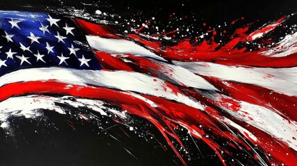 Abstract American Flag Grunge Splash Painting on Black Background - Patriotic and Powerful