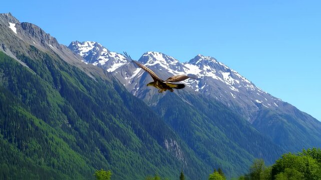 Soaring bird against a backdrop of snow-capped mountains