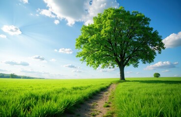 Obraz premium A lush green tree stands prominently in a vibrant grassy field under a bright blue sky with scattered clouds