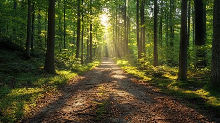 Fototapeta premium Forest path lined with trees, sunlight filtering through leaves, symbolizing nature preservation.