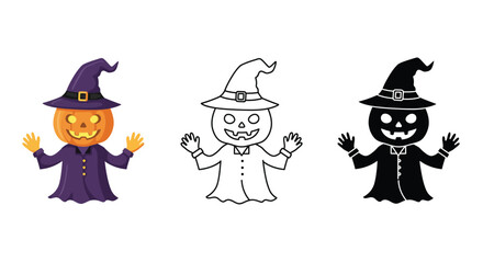 Cute Halloween Pumpkin Character in Witch Hat Color Outline Silhouette