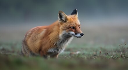 Alert red fox stands in a grassy field, its fur glowing in soft light, a captivating creature in the wild.