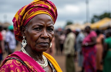 A woman wearing colorful traditional attire and headwrap at an outdoor event