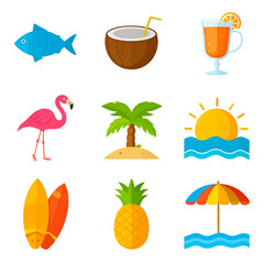 Naklejka premium This colorful vector icon set beautifully illustrates beach and summer essentials like umbrellas, sun, sea, and sand, perfect for your holiday and travel designs