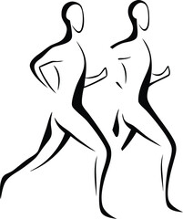 Two figures running together in a stylized black and white illustration people sport
