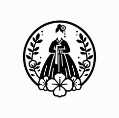 Minimalist Black Vector Logo of Woman in Hanbok with Mugunghwa Flowers Isolated on White Background