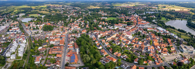 Aerial panorama view around the old town in the city Gifhorn on an sunny spring day in Germany	
