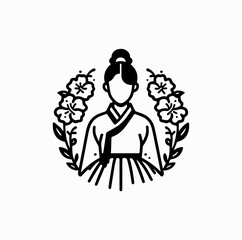 Fototapeta premium Minimalist Black Vector Logo of Woman in Hanbok with Mugunghwa Flowers Isolated on White Background