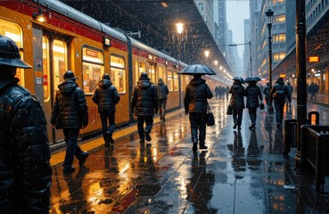 Fototapeta premium People walking with umbrellas on a rainy city street at dusk with a train station in the background