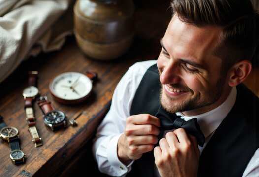 Elegant young man adjusting his bow tie in a stylish setting with watches and a clock on the table