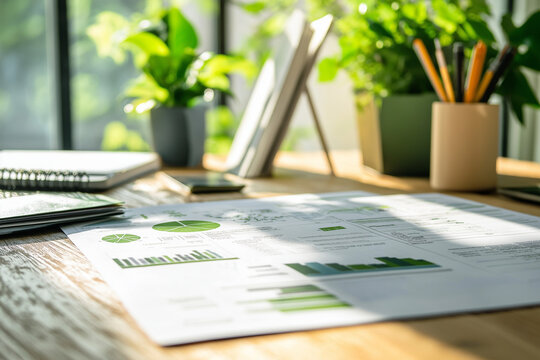 Close-up of a sustainability consultant's desk with sustainability reports and green building plans, illustrating a job in sustainability consulting