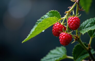 Bright red raspberries grow on a green leafy plant against a dark blurred background