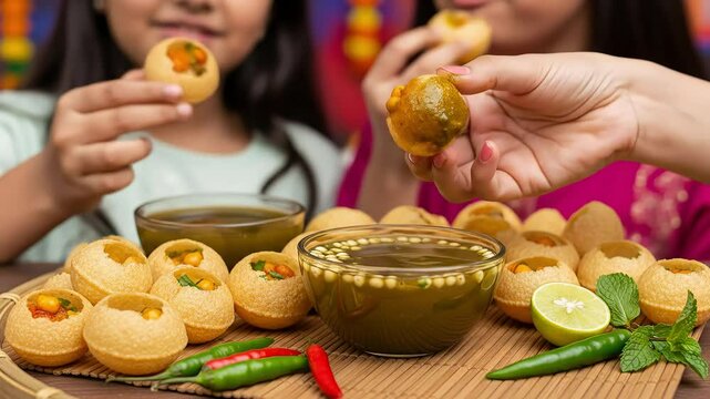 Close-up of People Enjoying Pani Puri Appetizers with Fresh Ingredients and a Brown Table