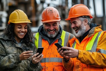 Construction workers laughing with phones