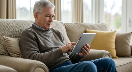 A mature man relaxes at home, using a tablet for online browsing or entertainment on a comfortable sofa.