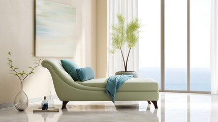 Ultra-clean living space featuring a velvet blue chaise sofa, pale green contemporary armchair, sandy beige wall finish, glass decor, and polished concrete floors, full-frame shot,