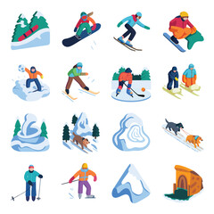 2d vector illustration icon, set of vibrant representing unique winter activities and sports

