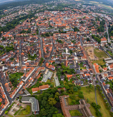 Aerial view around the old town in the city Helmstedt on an cloudy spring day