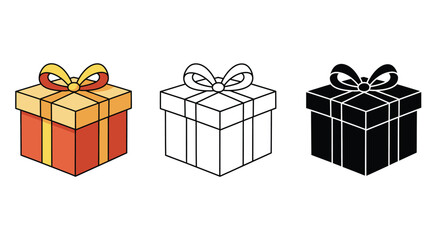 Three gift boxes in different styles colored outline and silhouette