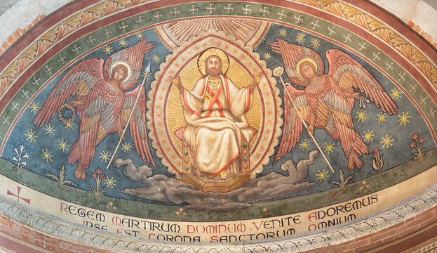 PIACENZA, ITALY - MAY 19, 2025: The fresco of Jesus Christ the Pantokrator in the Cathedral - Cattedrale di Santa Maria Assunta e Santa Giustina by Eugenio Cisterna from year 1901.
