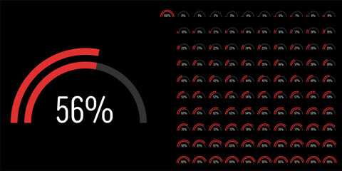 Set of semicircle percentage progress bar diagrams meters from 0 to 100 ready-to-use for web design, user interface UI or infographic - indicator with red
