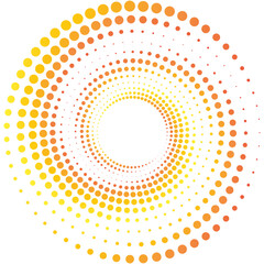 Yellow and orange halftone dots, Abstract vector illustration of randomly scattered colorful dots, festive spiral vortex, dynamic composition with objects, isolated on white background