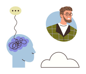 Profile face with tangled lines in brain linked to thought bubble, man smiling in casual attire, abstract cloud symbolizing ideas and resolution. Ideal for psychology, problem-solving, brainstorming