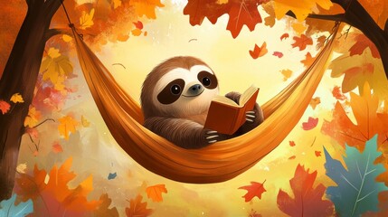 Sloth relaxing in hammock, reading book amidst autumn leaves.