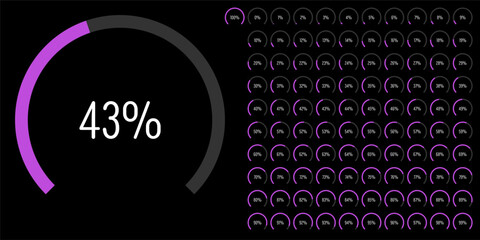Set of circular sector arc percentage diagrams meters progress bar from 0 to 100 ready-to-use for web design, user interface UI or infographic - indicator with purple