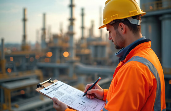 Worker in orange jacket, yellow hard hat reads clipboard with blue form in oil field near industrial facility. Specialist supervises operation, inspecting equipment, taking notes in close-up. Safety - Powered by Adobe